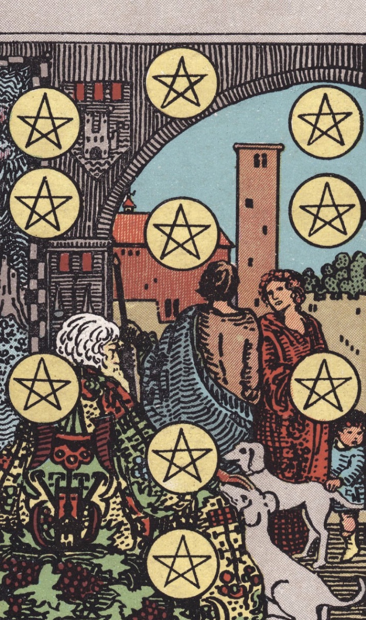 Tarotkaart "Tien van Pentagrammen" 